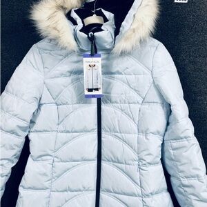 Nautica Women's Sky Blue Puffer Coat with Faux Fur Trim